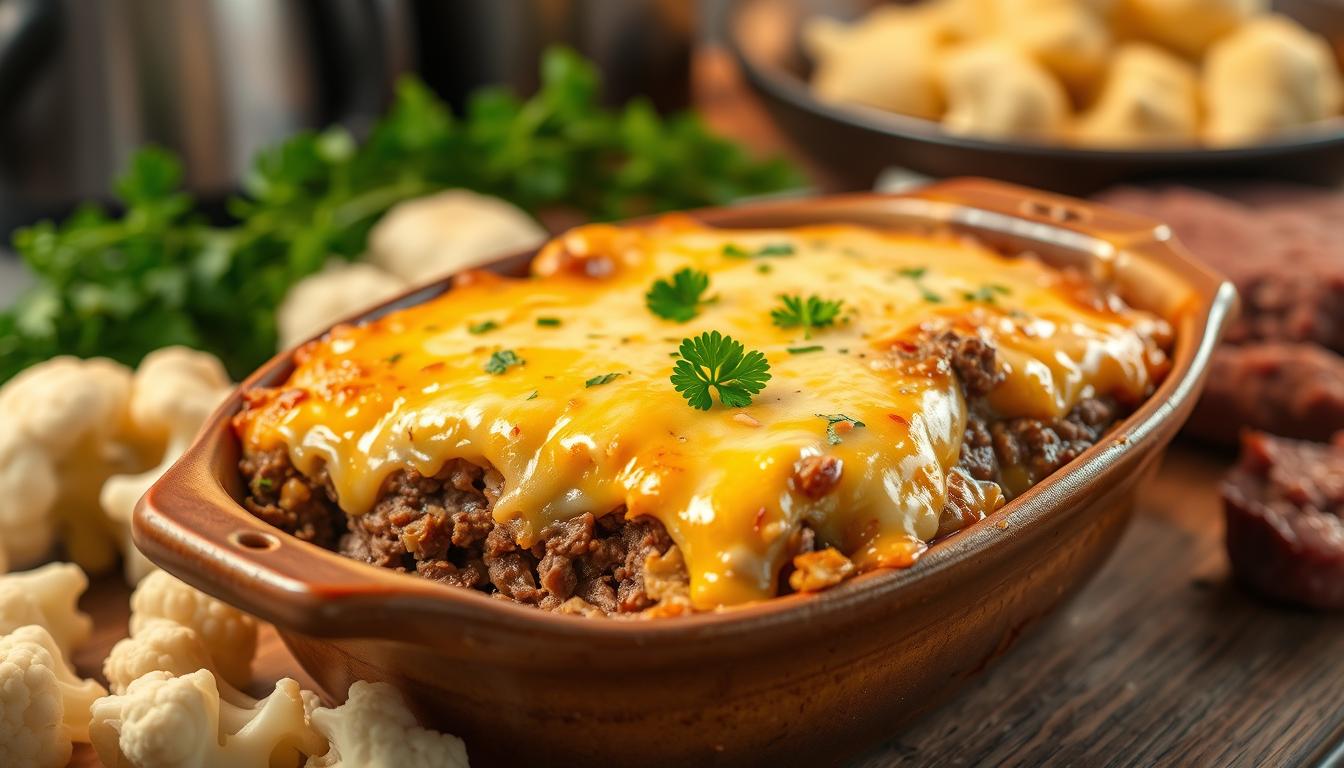 Cheesy Ground Beef & Cauliflower Casserole